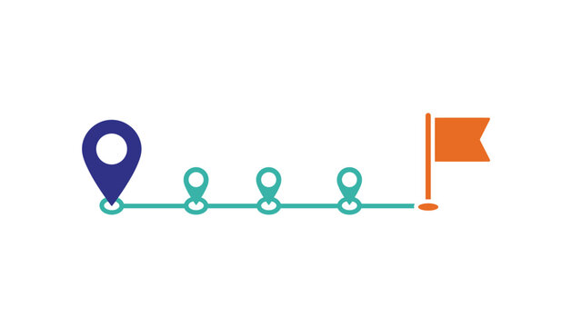 Business roadmap timeline or travel journey path showing starting location pin intermediate stops and final flag destination goal.