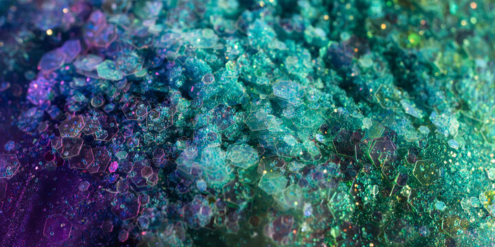 Abstract hexagonal crystal texture in turquoise and purple