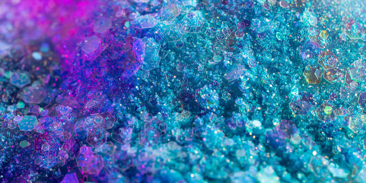 Iridescent hexagonal glitter  turquoise and purple texture background