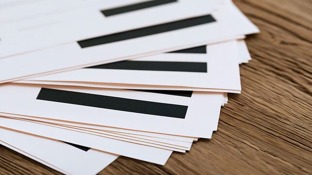 A stack of white paper documents with black redaction bars spread across a rustic wooden table surface in an office environment backdrop