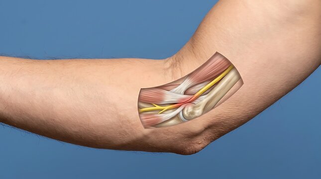 Medical illustration of ulnar nerve compression in the human elbow