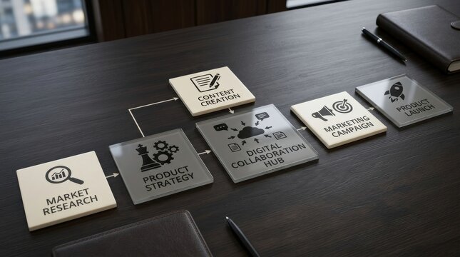 Digital collaboration hub process blocks for product strategy and marketing campaign launch roadmap