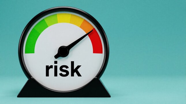 3D render of risk gauge dial on teal background. Meter needle points to high red zone indicating danger. Business concept for assessment of threat, uncertainty, financial loss. Visual tool for
