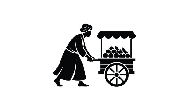 Silhouette of a traditional street vendor pushing a wooden cart loaded with fresh fruits and vegetables.