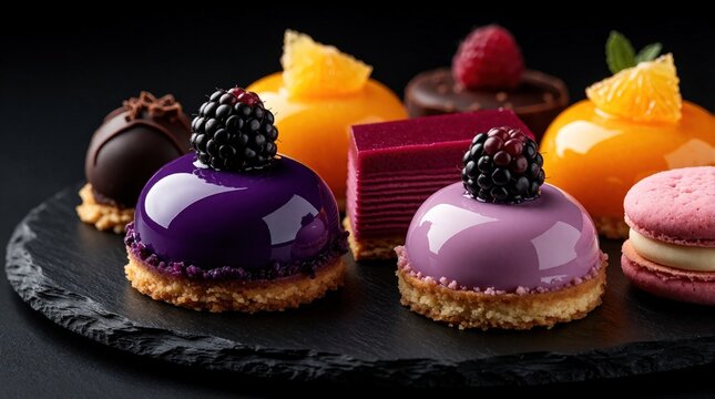 Assorted colorful gourmet desserts and pastries arranged on a black slate plate. Luxury modern French patisserie with elegant presentation on dark background.