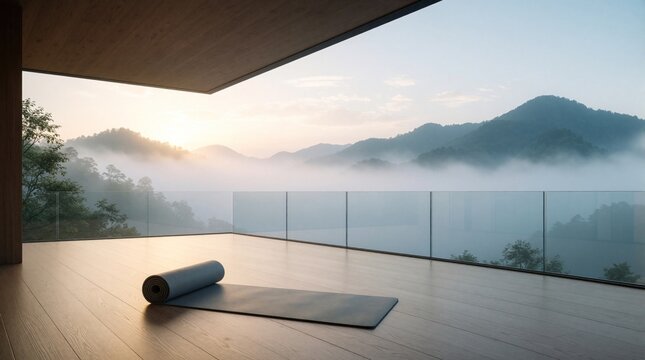 Rolled yoga mat sits on wooden deck. Misty mountains sunrise view. Peaceful morning at zen retreat. Nature background for wellness and fitness.