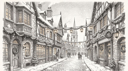 Obraz premium Detailed architectural graphite pencil drawing of a charming European town street decorated for Christmas, glowing lanterns, Christmas wreaths 