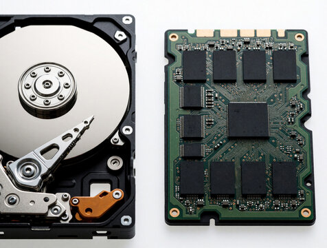 Comparison of internal hard disk drive and solid state drive components. Data storage devices show mechanical parts versus electronic chips. Tech comparison for computers and data.