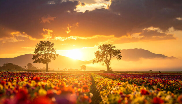Stunning sunset landscape featuring a vibrant field of colorful flowers blooming in rows. Two lone silhouette trees stand against a dramatic golden hour sky with glowing sun, mountains, and mist.