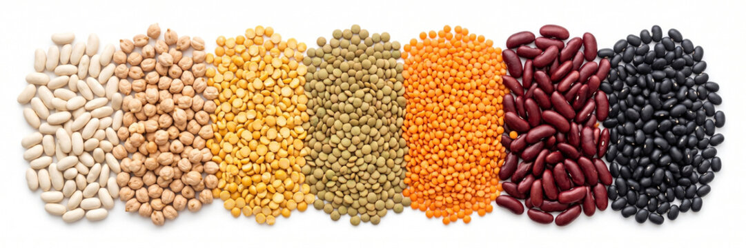 Assorted legumes and pulses arranged in colorful rows