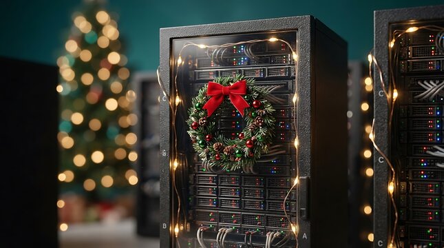 Server rack in a data center decorated with a Christmas wreath and festive fairy lights for holiday season IT infrastructure maintenance concept