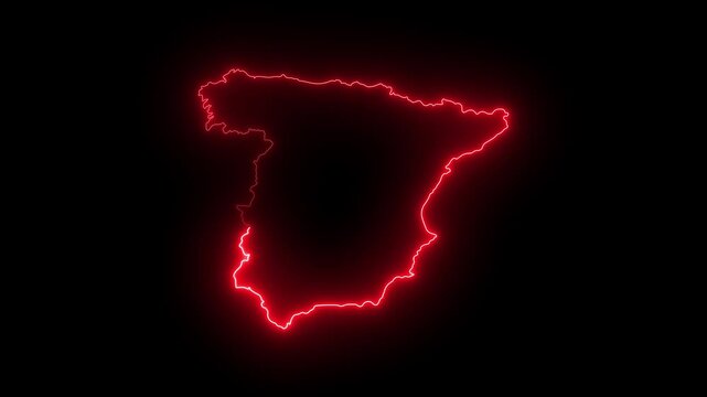 Glowing red neon outline map of spain on black background, digital country border animation