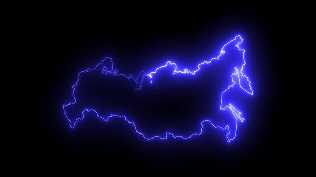 Glowing neon outline map of russia, digital cyberpunk style motion abstract technology background