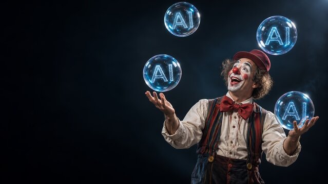 Ai bubble burst. Smiling clown juggles glowing AI bubbles on a dark background, a financial satire of technology investment hype, GPU demand, inflated valuations, speculation and market correction.
