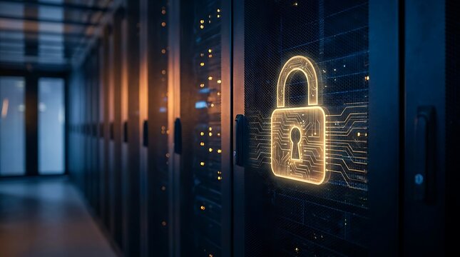 Data security concept with a glowing digital padlock icon displayed on a server rack in a modern high technology data center server room environment