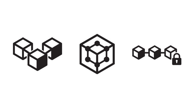 Blockchain technology icon set showing secure data blocks cryptocurrency network node encryption with padlock symbol for digital finance and cybersecurity system