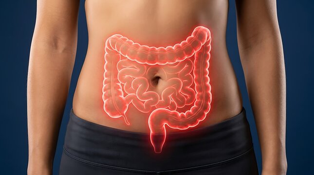 Medical illustration of human digestive system and intestines with
