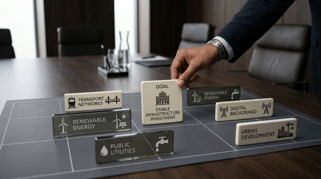 Investment goal block with infrastructure segments for sustainable urban development and network strategy