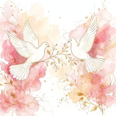 Fototapeta premium Two Doves Facing Gold Sprig Blush Watercolor Illustration