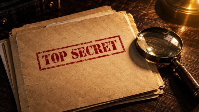 Stack of top secret case files with magnifying glass on vintage wooden desk