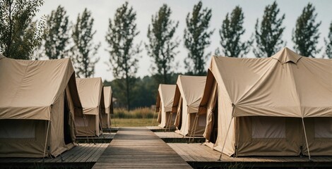 Obraz premium Line of canvas tents on wooden platform near trees. Outdoor accommodation for travel or leisure. Rustic shelter for nature lovers and campers.