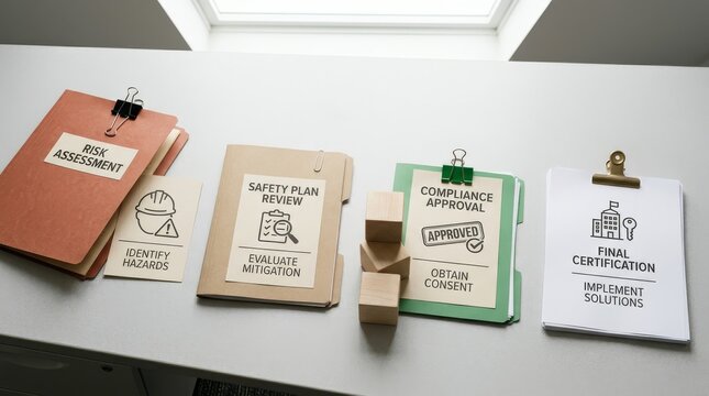 Safety compliance and risk assessment clipboards organized on white office desk for project review