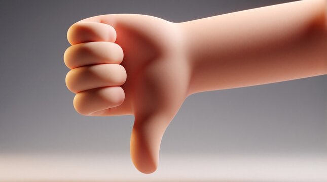 Cartoonish 3D hand shows thumbs down gesture. This digital art represents dislike or disapproval with simple form and neutral background. Useful for negative feedback concepts.