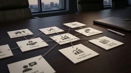 Obraz premium Comprehensive asset management plan represented by connected white square icons on dark wooden table in professional setting