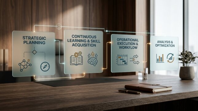 Strategic planning, continuous learning, operational execution, and analysis optimization displayed as interconnected transparent panels on wooden desk in office