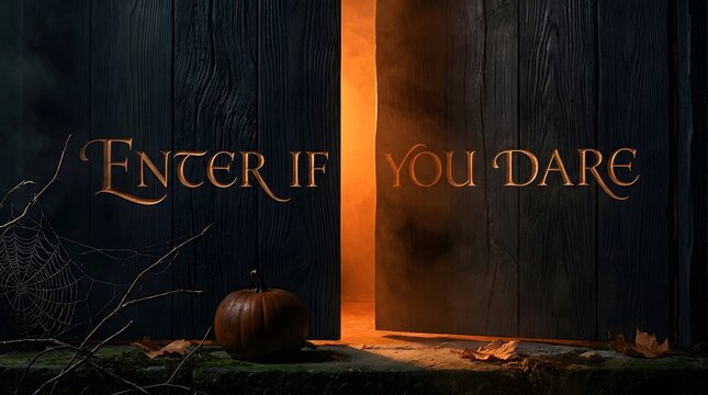 Dark wooden door slightly ajar with golden interior light and enter if you dare text
