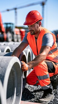 Construction worker installing concrete elements at building site