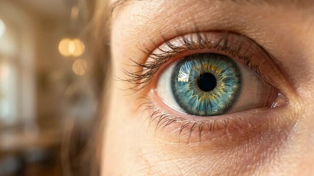 Blue eyed young adult eye opens, narrows, then blinks in extreme close up, showing calm expression in medical style view. Eye stays steady while lashes and eyelids move against softly blurred lights.