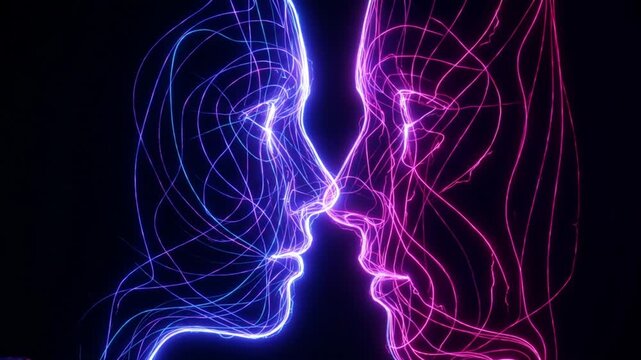Neon profile faces face each other in abstract futuristic style, glowing blue and magenta lines tracing contours on black. Paired faces form mirrored digital concept of connection and tension.