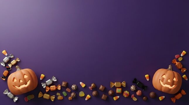 Halloween background with horizontal border of jack o lanterns and candy sweets
