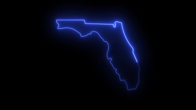 Glowing neon florida state map outline, blue digital geographic silhouette on black background