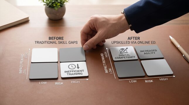 Comparative risk reward matrix diagram showing transformation from traditional training gaps to professional digital competency