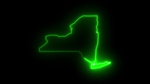 Glowing neon outline map of new york state, digital technology concept, isolated on black background