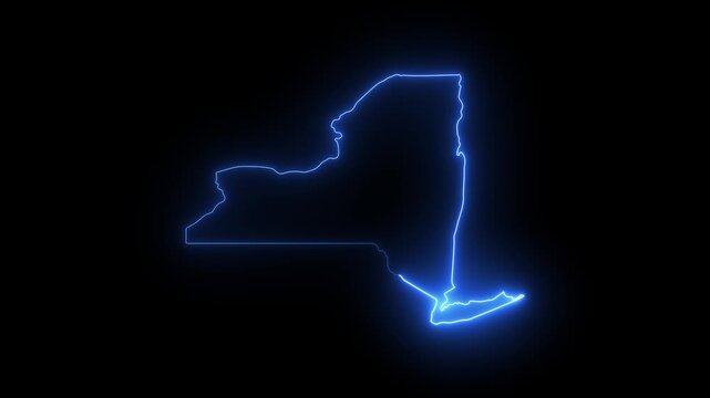 Glowing neon outline map of new york state, digital blue light silhouette on black background