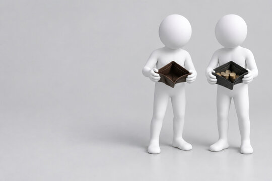 Two faceless figures display empty and coin-filled wallets. Space for text.