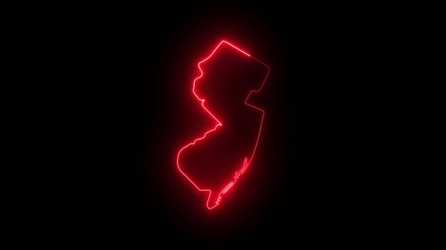 New jersey state map outline with glowing red neon light effect on black background