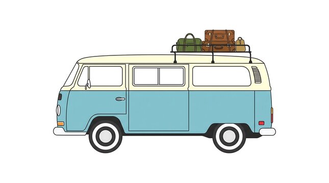 A vintage camper van with luggage on the roof is depicted in a colorful vector illustration