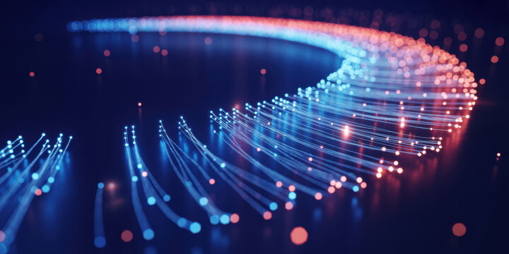 Abstract data visualization with blue and red light trails on dark background