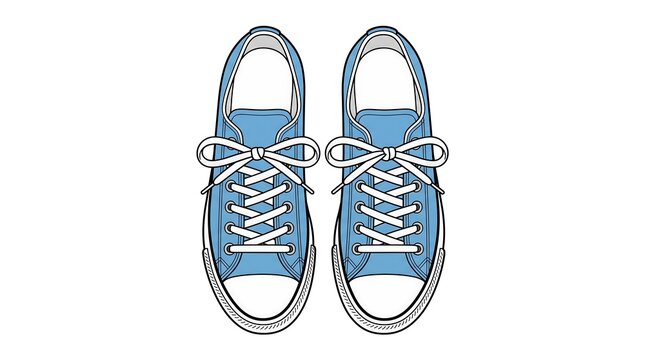 A pair of blue canvas sneakers with white laces is depicted in a flat vector illustration