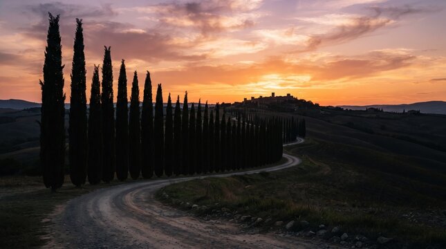 Cypress trees line a winding dirt road leading toward a hilltop town at sunset with trees borders curved under vibrant sunset row tall cypress countryside destination perspective environment with dusk