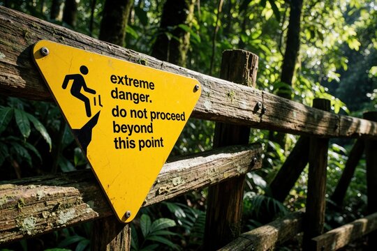 Yellow warning sign attached to wooden fence in rainforest. Sign says extreme danger not proceed beyond point. Hiking trail near steep canyon cliff edge. Caution notice for travelers, tourists in