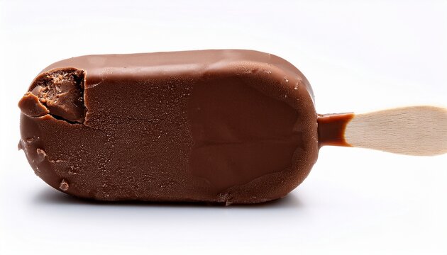 delicious chocolate covered ice cream bar on a wooden stick featuring bite marks and cracks for tempting treats isolated on white or white background