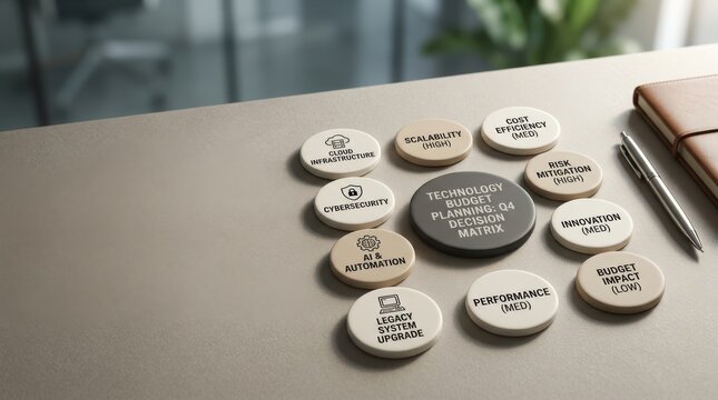 Technology budget planning decision matrix with circular icons on office table for strategic investment analysis