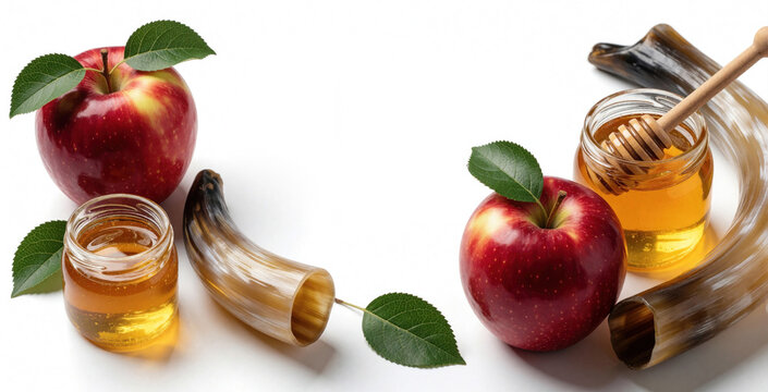 Red apples and jars of honey with shofars arranged for Rosh Hashanah holiday. Sweet apple slices with natural honey and traditional Jewish horn for New Year celebration.