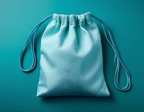 light blue drawstring bag on teal background studio shot product mockup