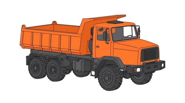 An orange dump truck illustration features a raised bed and six large tires on a white background